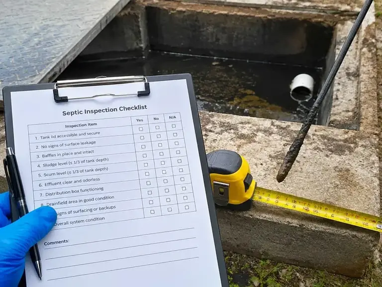 A septic inspection checklist on a clipboard beside an open concrete tank