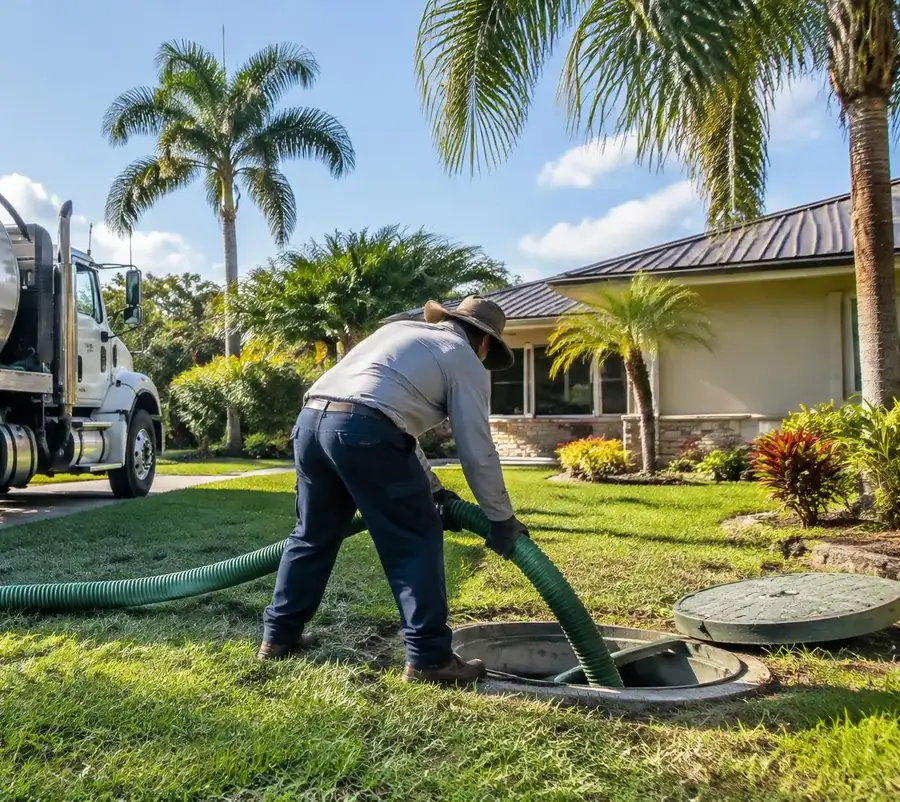 A septic technician guiding a pump hose into an open tank lid in a Lehigh Acres front lawn